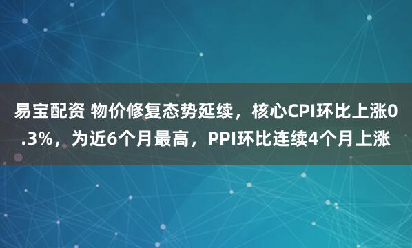 易宝配资 物价修复态势延续，核心CPI环比上涨0.3%，为近6个月最高，PPI环比连续4个月上涨